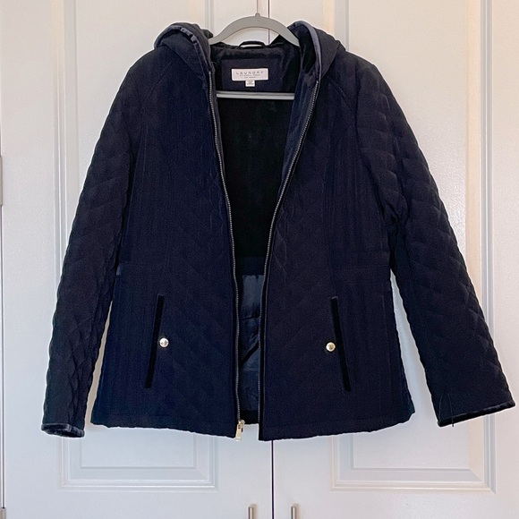 NWOT Laundry by Shelli Segal Navy Quilted Jacket w Hood Velvet Trim Fleece; Lg - Picture 12 of 15